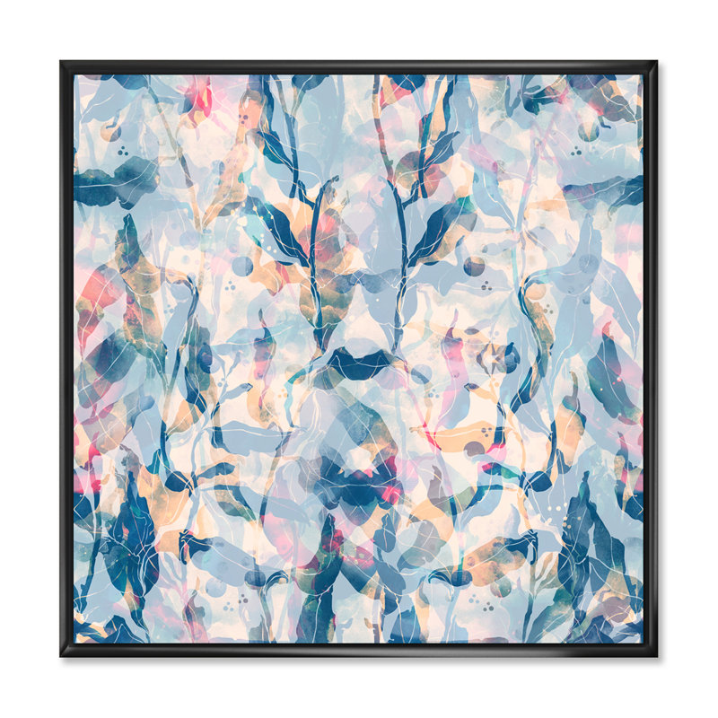 Rose et nuances de bleu - Peinture sur toile, H 36 po x l 36 po, Cadre flottant noir
