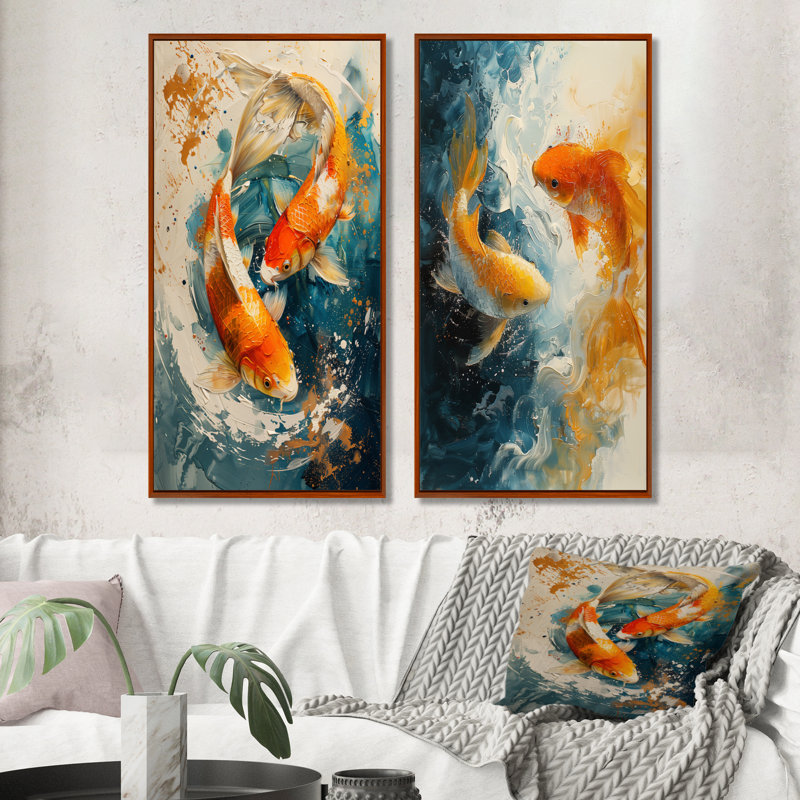 Orange, vert, passionné, poissons, koi, poisson, art mural 2 pièces, H 40 po x l 40 po, Impression encadrée, Brun