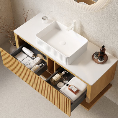 Meuble-lavabo 48 po avec lavabo, armoire de rangement murale en contreplaqué avec tiroirs et tablette ouverte, comptoir en pierre frittée et lavabo rectangulaire en céramique, pré-assemblé, chêne Corolla