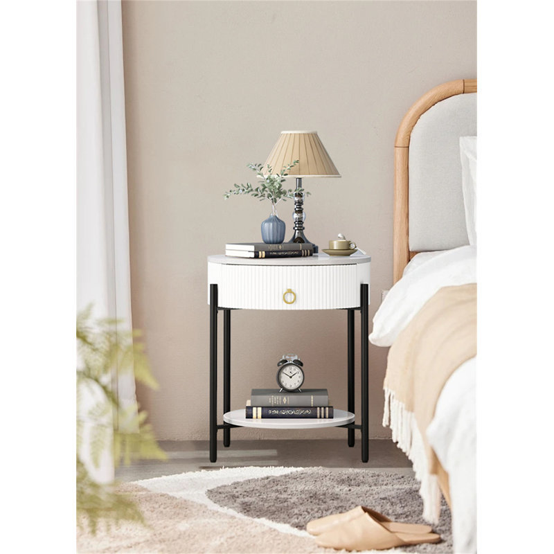 Round Double-Layer Nightstand – Modern Side Table With Storage Drawer, Black/White