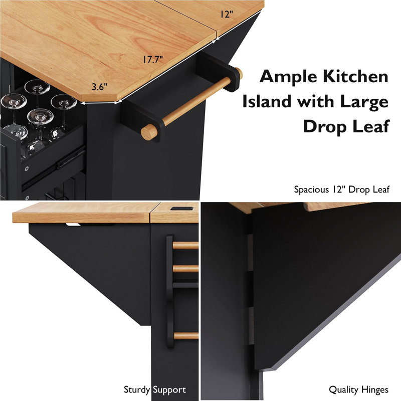 Kitchen Island with Rubber Wood Drop Leaf, Black