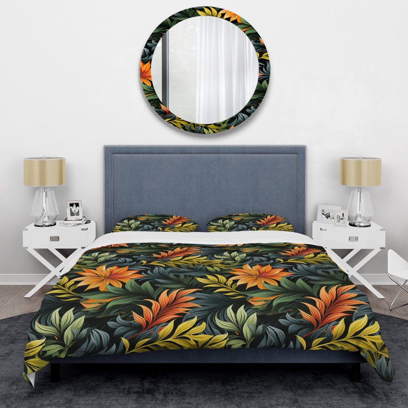 Ensemble de housse de couette Green And Orange Exotic Jungle Foliage I, Housse de couette pour grand lit et 2 taies décor