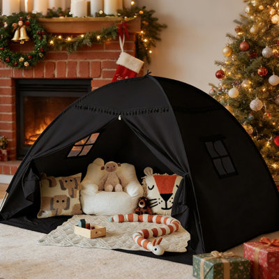 Large Kids Teepee Tent with Flags - Indoor Toddler Playhouse for Boys & Girls | Canopy for Playroom, Bedroom - Perfect Gift Toy (Black)