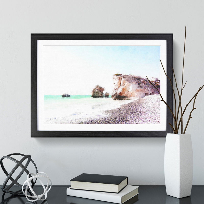White Sand Beach in Cyprus - Picture Frame Painting Print, 62cm H x 87cm W x 2cm D, Black Framed