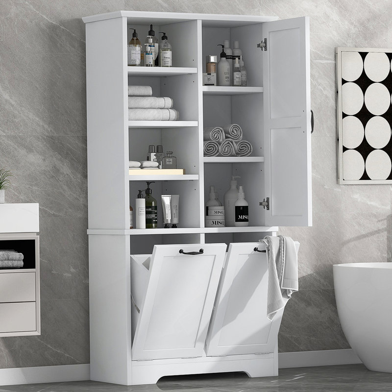 Armoire de rangement de salle de bain avec portes et tiroirs, panier à linge inclinable, plusieurs espaces de rangement, style autoportant, tablette ouverte, tablette réglable, blanc