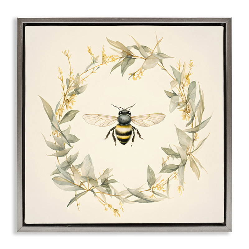 «Soft Bee Wreath», art mural encadré flottant par Petal Prints Design, H 18 po x l 18 po, Cadre flottant gris lustré