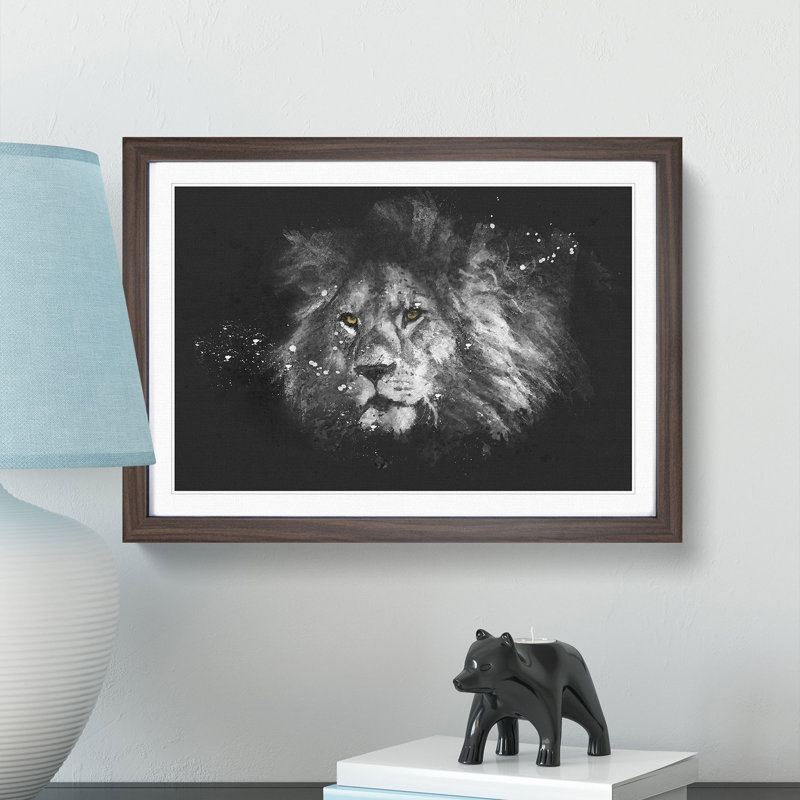 Lion With Piercing Eyes Paint Splash - Picture Frame Graphic Art, Walnut Framed, 33cm H x 45cm W x 2cm D