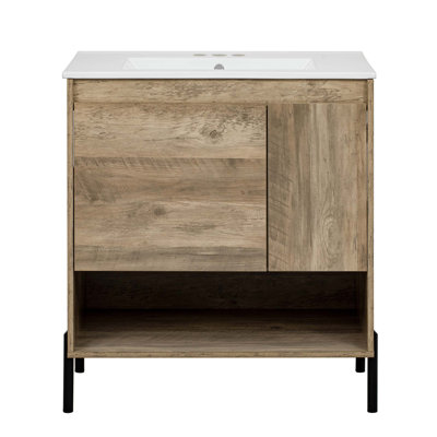 30" Modern Wood Fixture Bathroom Vanity, Bathroom Cabinet With Sliding Drawer, Bathroom Storage Cabinet With Ceramic Basin Sink Top, Single Bathroom Vanities Cabinet With Doors And Open Shelf