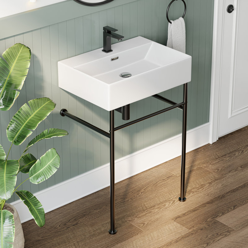 24 po Lavabo de console de salle de bain rectangulaire en céramique blanche avec pieds et trop-plein, Blanc/Noir