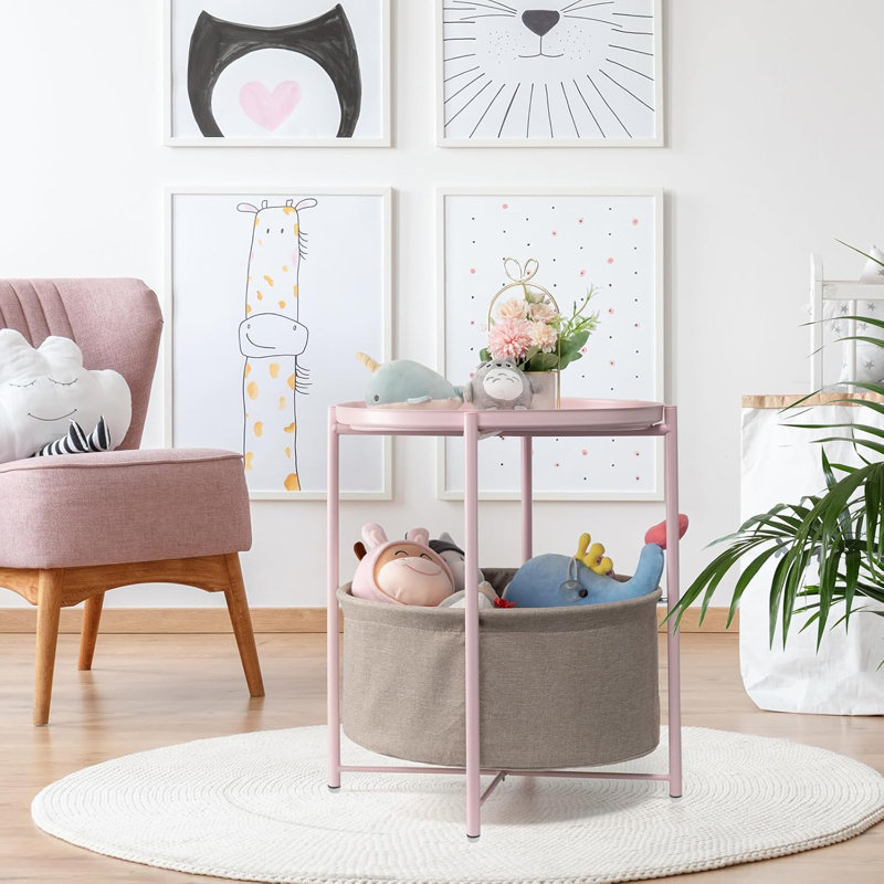 Table d'appoint avec table de chevet avec panier de rangement en tissu, Rose