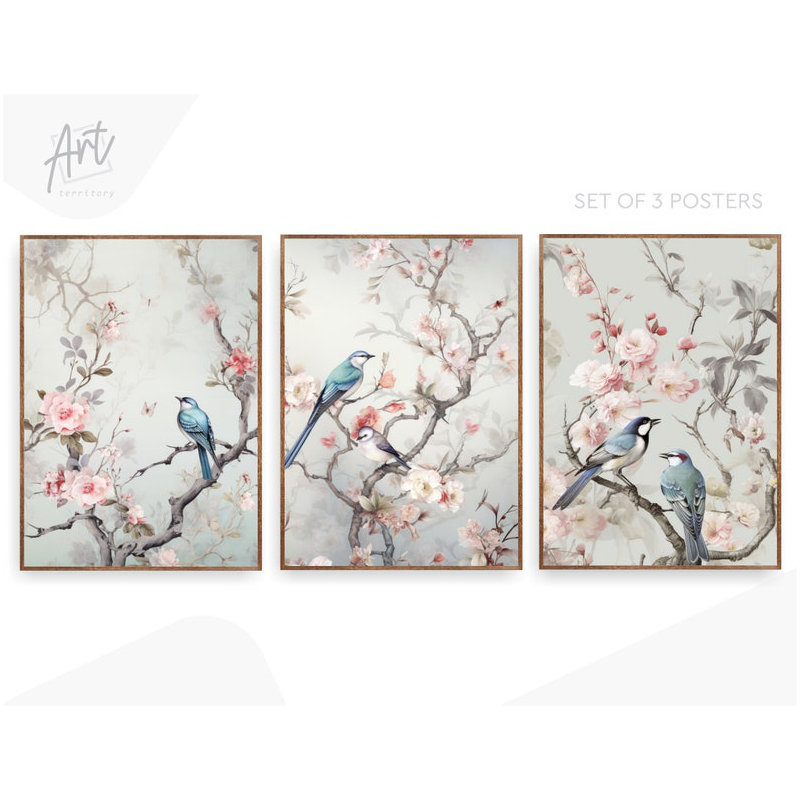 Impression de chinoiserie 3 pièces, Affiche non encadrée, H 24 po x l 54 po