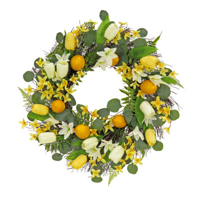 22" D Artificial Polyester Wreath with Lemons and Tulips