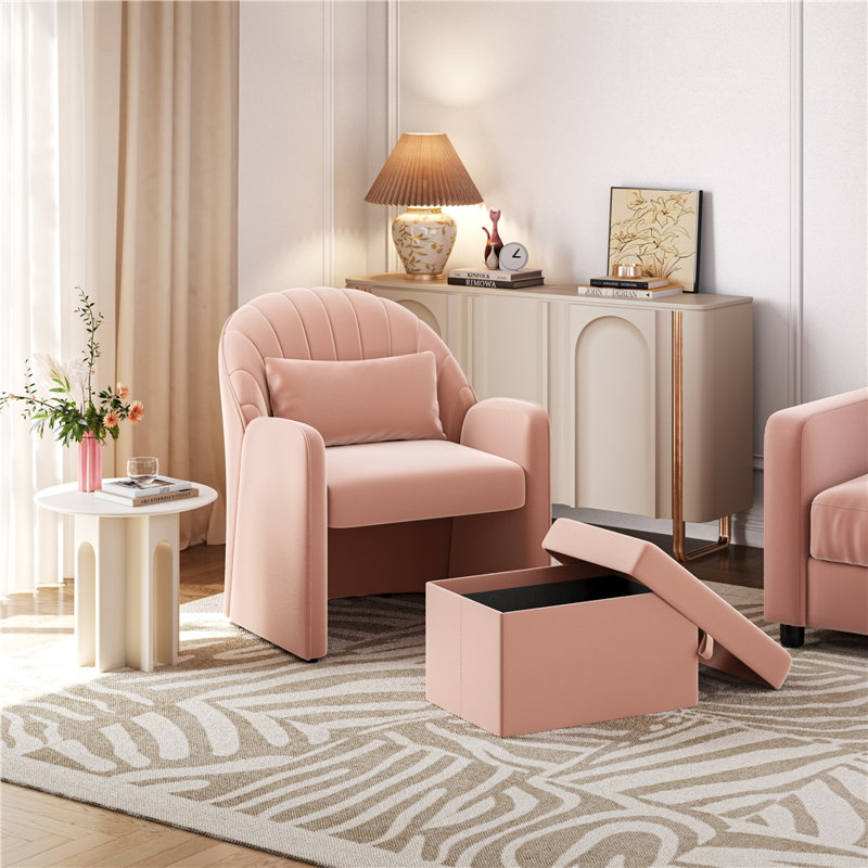 Fauteuil d'appoint en velours demi-tonneau avec repose-pieds, Velours rose