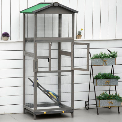 Cage à oiseaux en bois 65 po pour perroquets, gris, insonorisée, 2 portes, plateau coulissant pour perroquets et perroquets, avec plateau coulissant, vers éléments