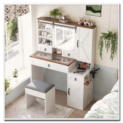 Bureau de coiffeuse avec miroir à DEL coulissant et station de charge Farmhouse