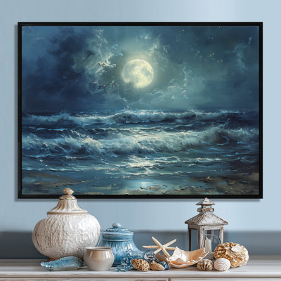 Décoration murale blanc bleu et réaliste au clair de lune hivernal - Vagues côtières