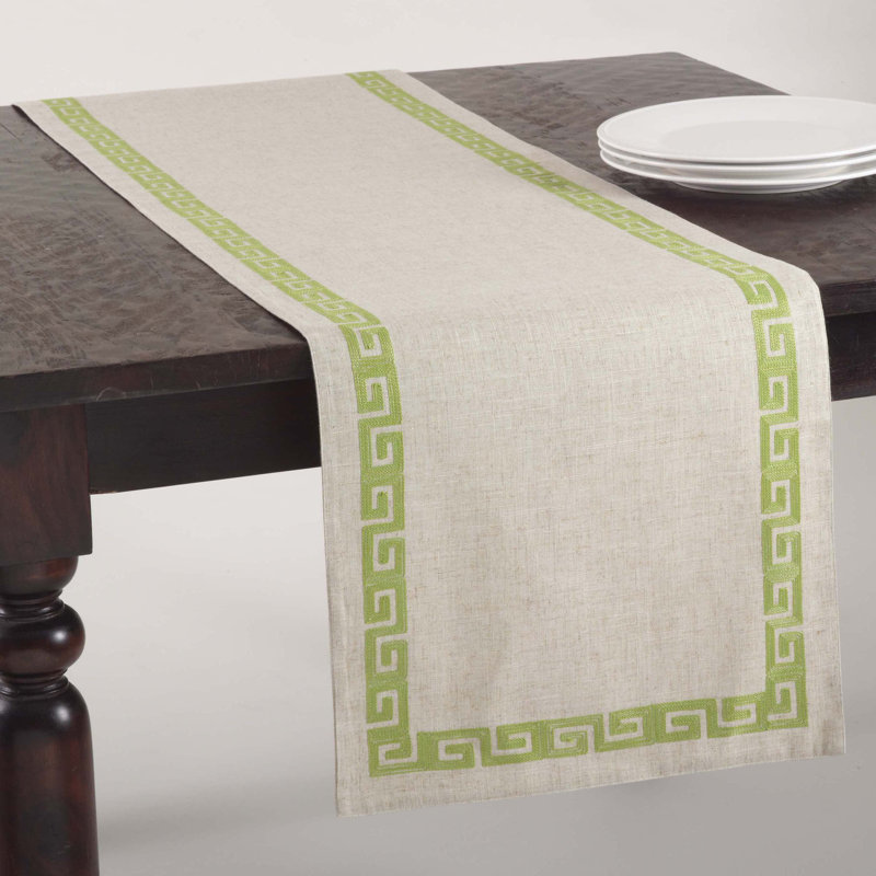 Badley Stitched Greek Key Design Table Runner, White, 16" x 72"