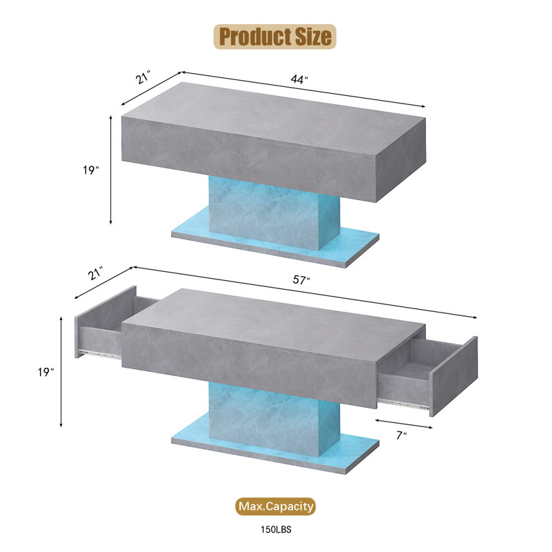 Modern LED Coffee Table High Gloss Living Room Table with 2 Storage Drawers, Gray, 19" H x 21" L x 43.3" W