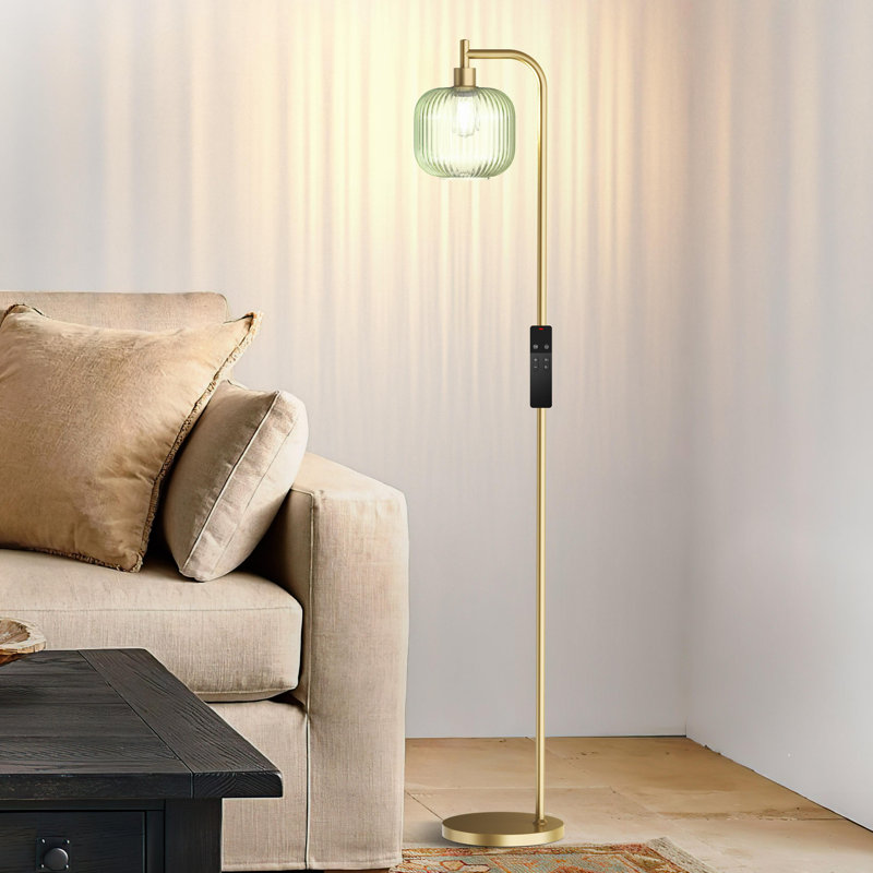 Lampe sur pied arquée avec abat-jour en verre, télécommande et ampoule incluse, Vert
