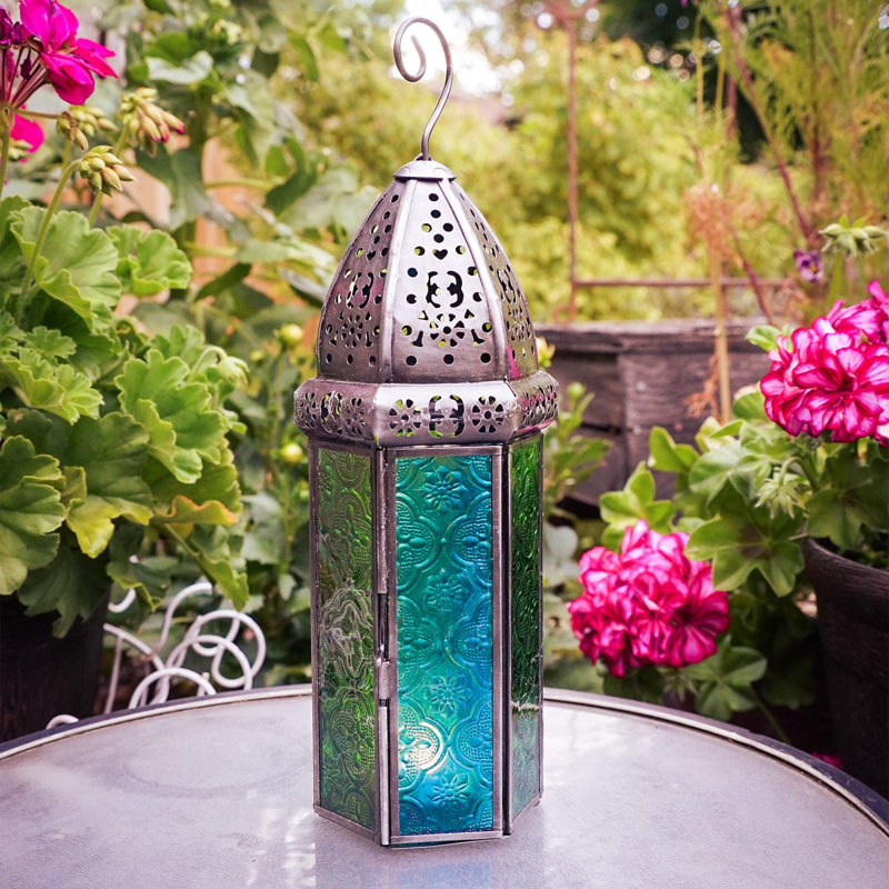 Large Hex Glass Tealight Lantern, Green/Teal