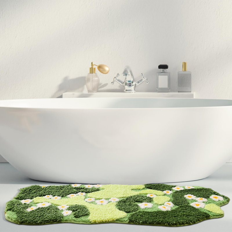 Tapis de bain en mousse, joli tapis de bain vert avec fleurs blanches, 109 x 51 cm