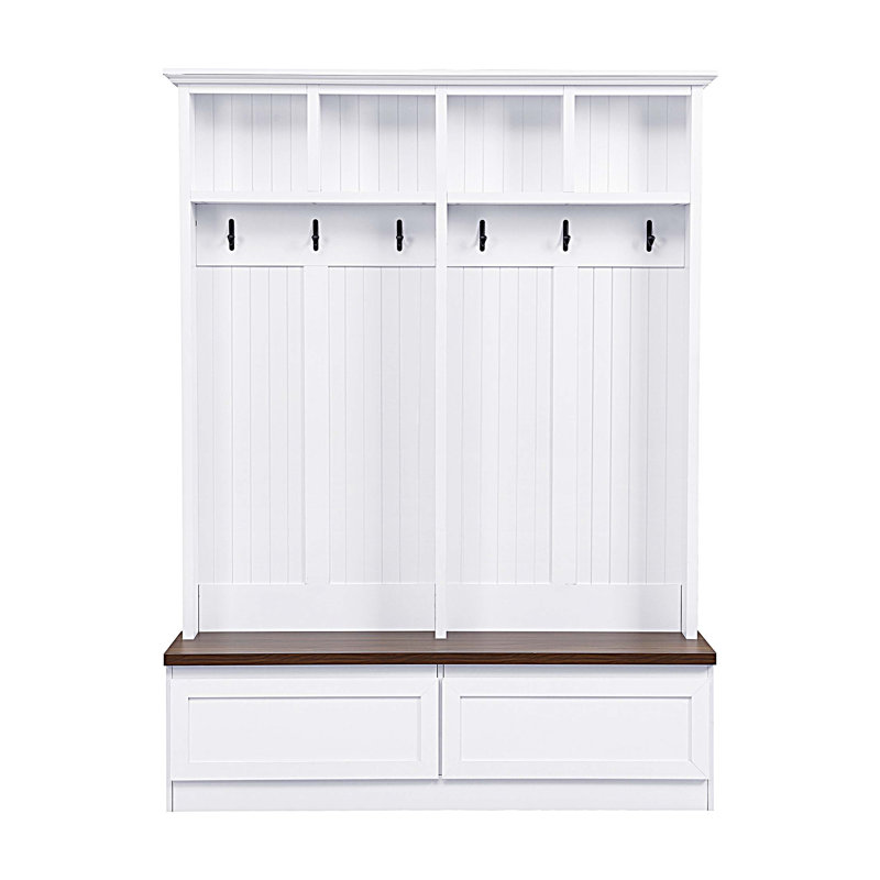 Hall Tree Wide With Bench And Storage, White/Brown