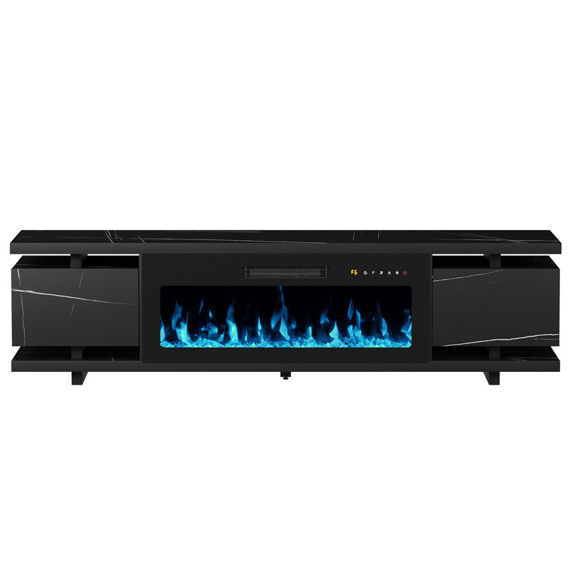 69"Media Console For TVs Up To 80" With Electric Fireplace, Large TV Stand with Led Light, Black Marble