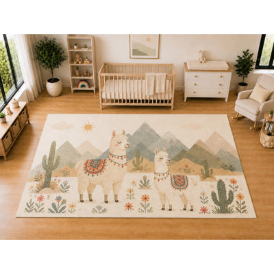 "Ultra Light Weight" Large 6'7 x 9'10 Llama Desert Friends Area Rug for Kids Room Nursery Playroom Soft Low Pile Indoor Carpet Cute Cactus Animal Floor Decor