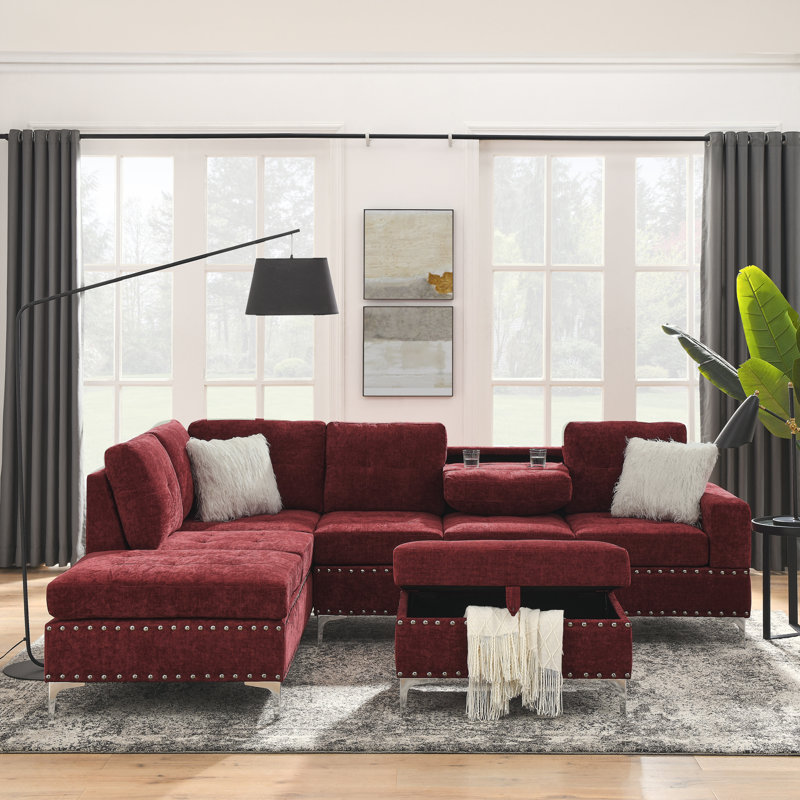 Ilish Upholstered L-Shaped Sectional Reversible, Red Chenille