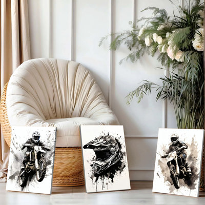 Ensemble de 3 affiches murales encadrées, impressions sur toile sur le thème du motocross, affiches de course de motos tout-terrain en noir et blanc avec motif de casque, décoration sportive moderne pour salon, chambre, garage, salle de jeux, cadeau pour les passionnés de moto
