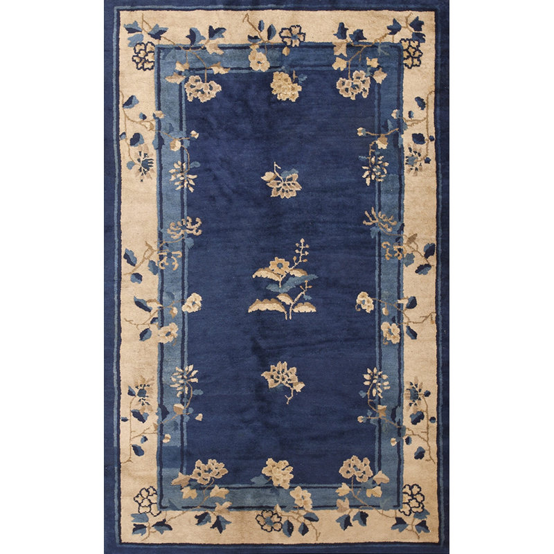 Knotted Chinese - Peking Blue Antique 1930s Small Scatter Size Wool Rectangle Rug