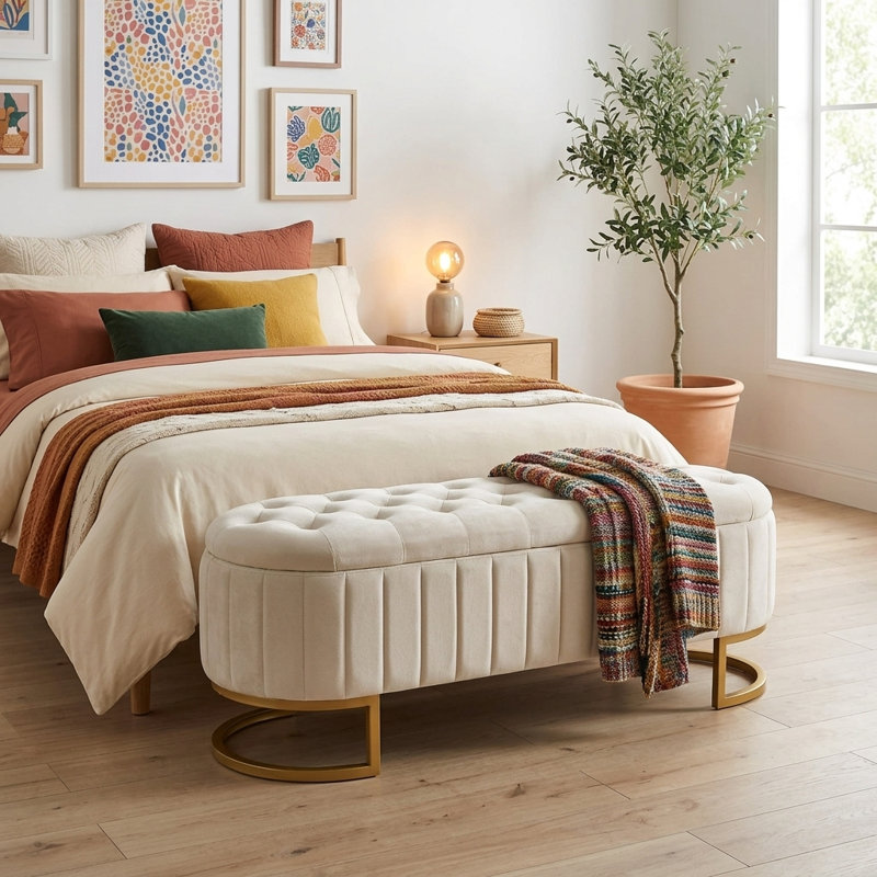 Banc de rangement avec repose-pieds Velvet, Beige