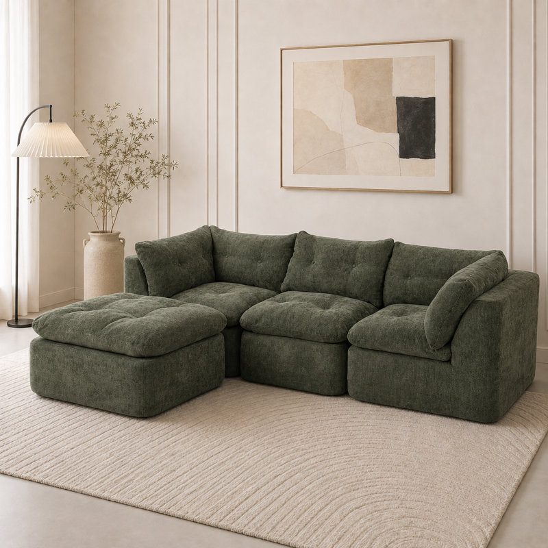 Canapé modulaire 112 po avec repose-pieds modulaire 112 po, chenille, sans assemblage, vert, Vert