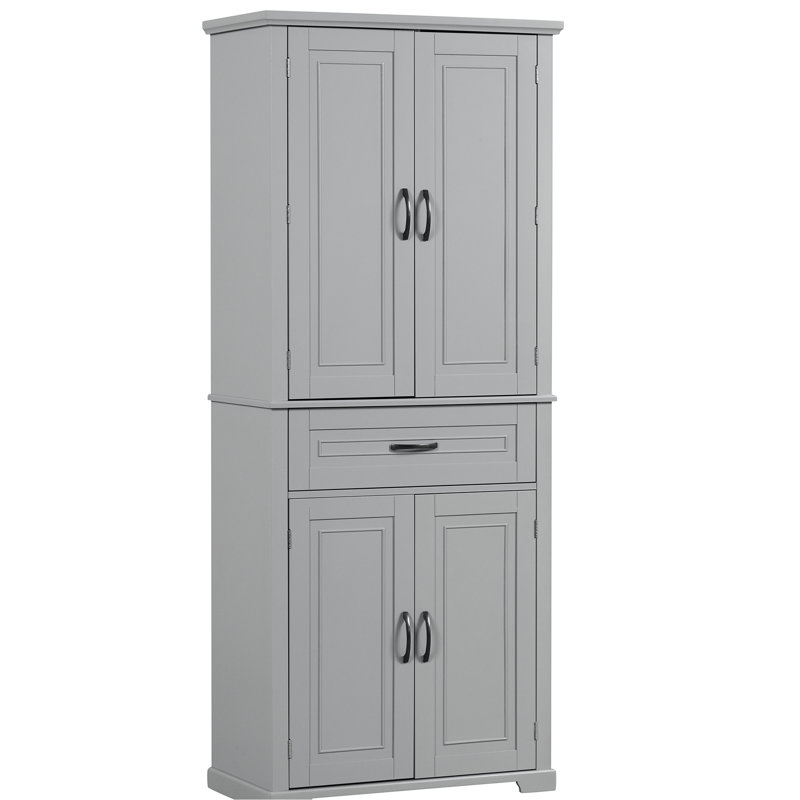 Armoire de salle de bain avec tablette réglable grise - charnières en acier inoxydable, 1 grand tiroir spacieux, 4 portes, construction