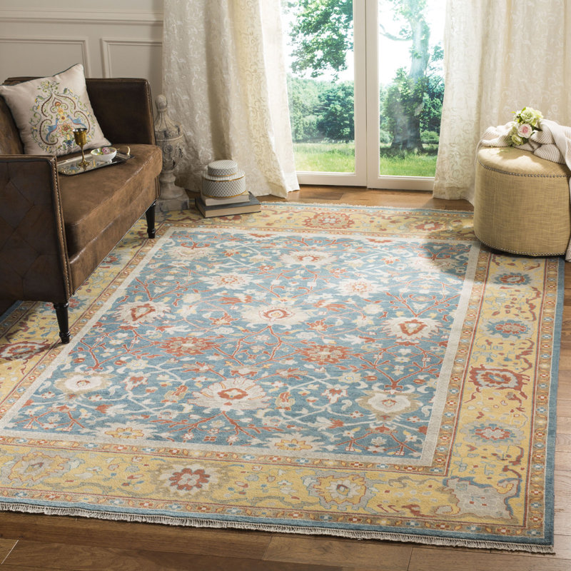  Oriental Hand-Knotted Wool Blue Area Rug, Rectangle 9' x 12'