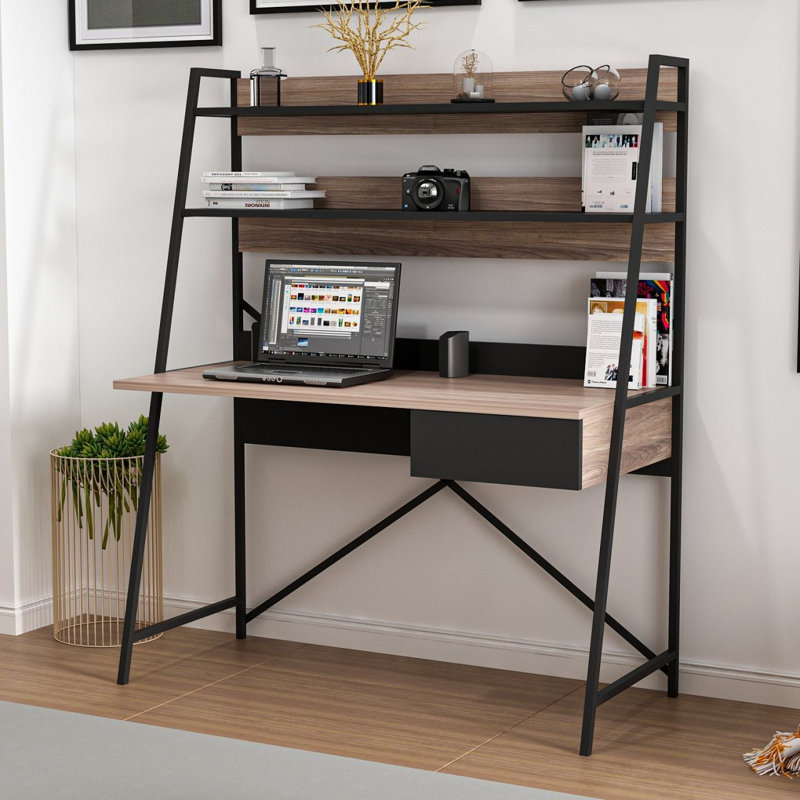 Modern Study Desk with Shelves, Walnut & Black Finish, 48.8 x 59.1 x 21.7 inches | 100% Melamine Coated Particle Board, Thickness: 0.7 inches | Stylish Industrial Design for Home Office & Study Spaces, Durable & Functional