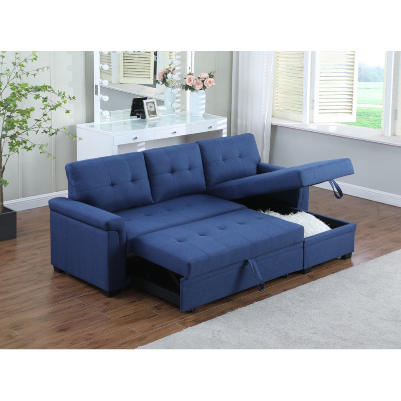 Lucca 84"W Blue Linen Reversible Sleeper Sectional Sofa With Storage Chaise, Blue Linen