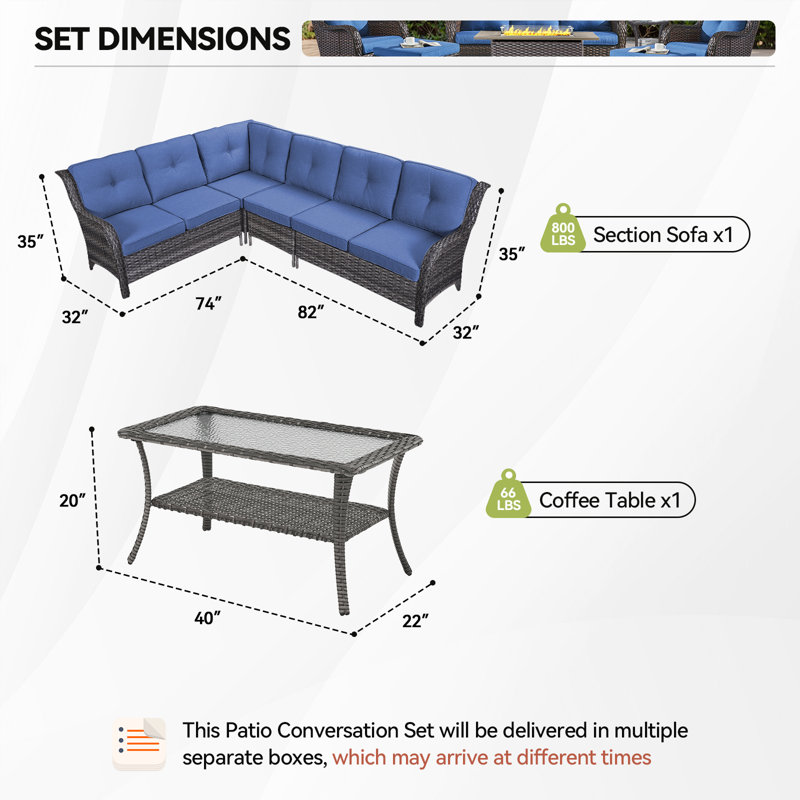 6-Person Outdoor PE Rattan Sectional Seating Group With Cushions, Blue, Gray