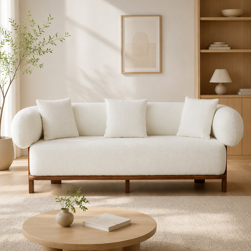 Round Arm Curved Sofa-Beige, Beige
