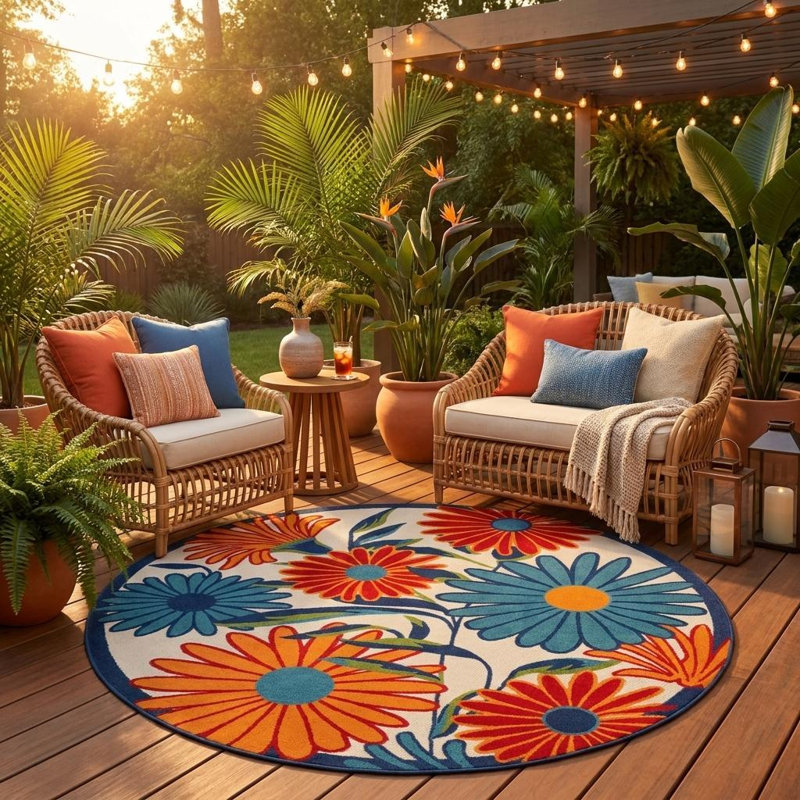 Tapis intérieur / extérieur rond 8 pi ivoire orange et bleu