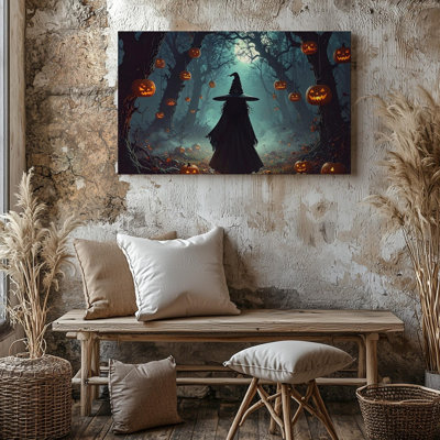 Toile au clair de lune, sorcière et lanterne, citrouilles, Halloween mystique, forêt, art mural, prêt à accrocher, galerie, décoration moderne