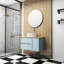 Armoire de salle de bain murale W3151s00011 avec lavabo, rangement à double tiroir cannelé et porte simple, bois massif pour petits espaces, apparence naturelle bleue, lavabo pratique et décoratif,