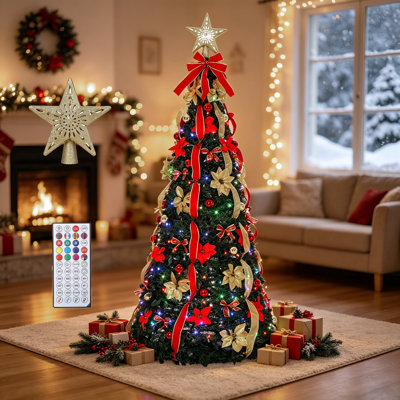 7ft Pop-Up Pre-Decorated Christmas Tree with LED Star Projector, Quick Open Design – Red + Green