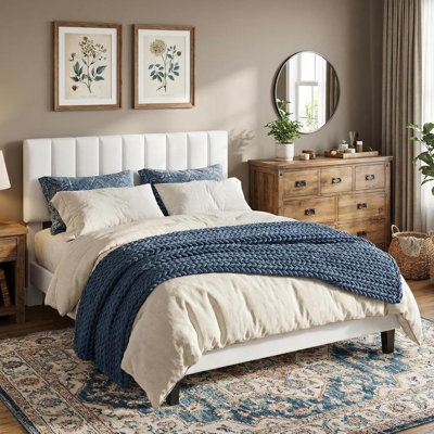 Twin Bed Frame Upholstered Platform Bed with Velvet Headboard, Non-Slip and Noise-Free/Wooden Slats Support/No Box Spring Needed, White
