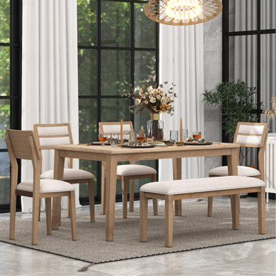 Ensemble de salle à manger 6 pièces de style classique et traditionnel, comprenant une table de salle à manger, 4 chaises rembourrées et un banc (bois naturel délavé)