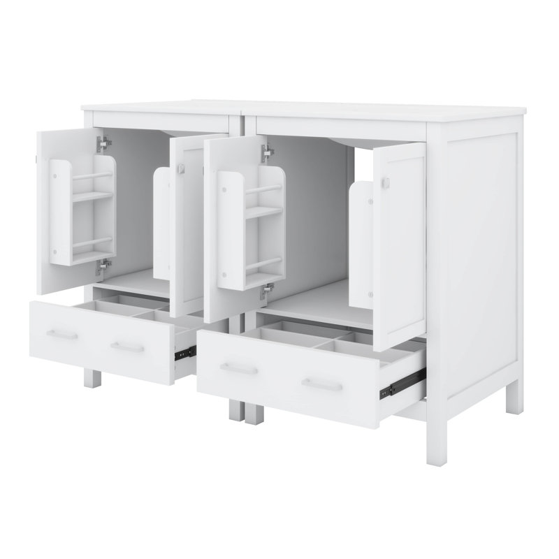 Meuble-lavabo 48 po avec lavabo encastré intégré, tiroir divisé et tablette à double couche, Blanc