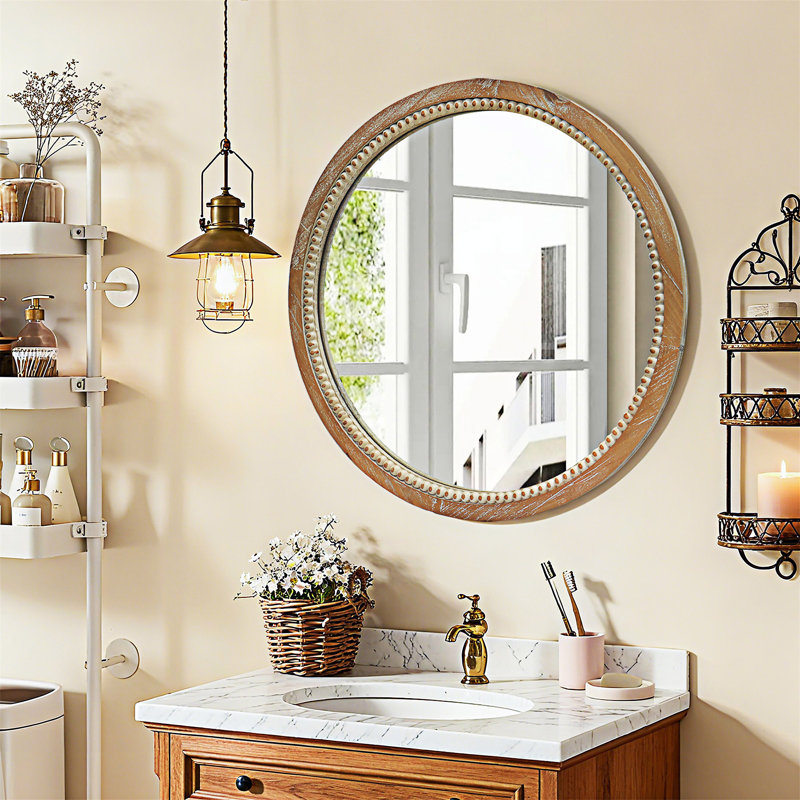 Round Wood Beaded Wall Mirror