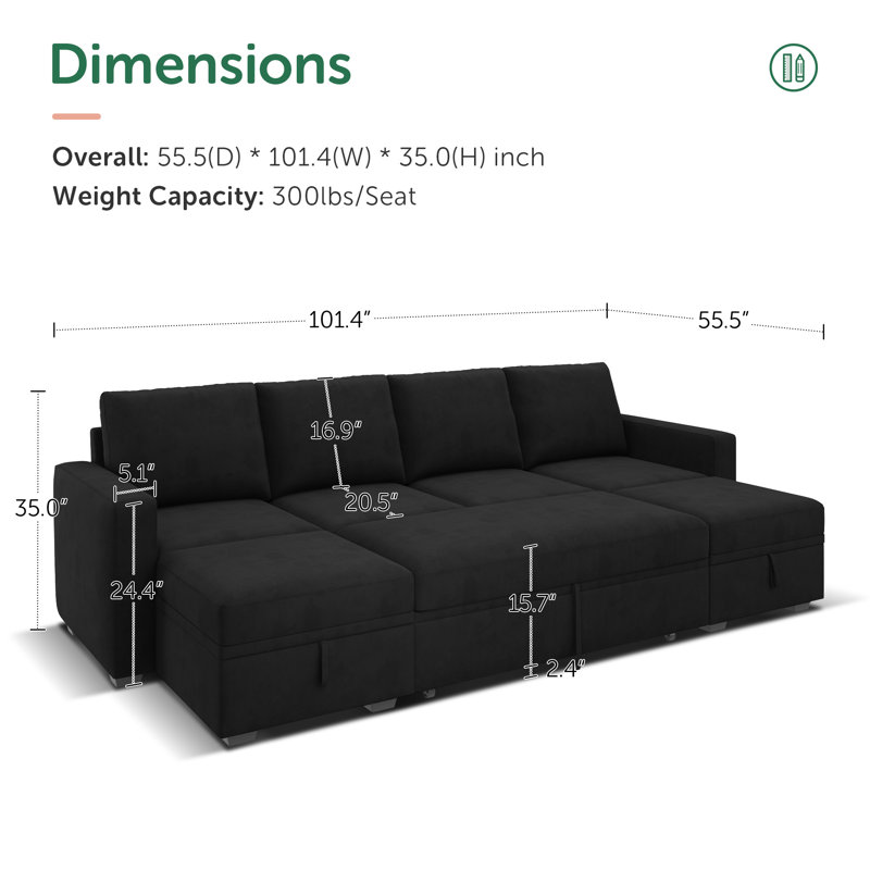 Niyona U Shaped Sleeper Pull Out Couch Storage Sectional Sofa, Black Velvet