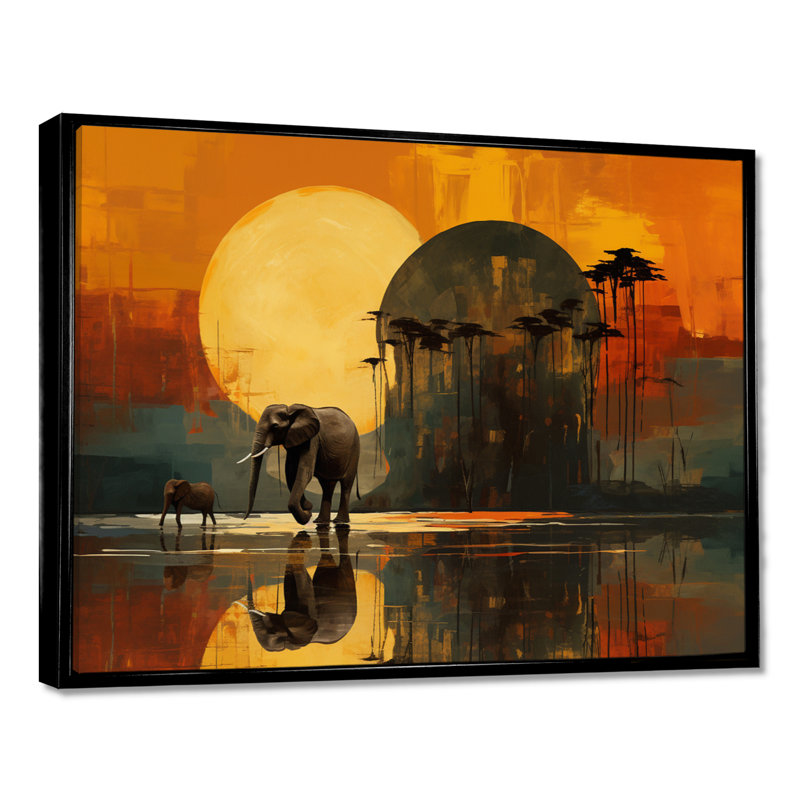Éléphant d'Afrique pleine lune Savanne - éléphant, art mural animal, H 12 po x l 20 po, Toile flottante noire encadrée