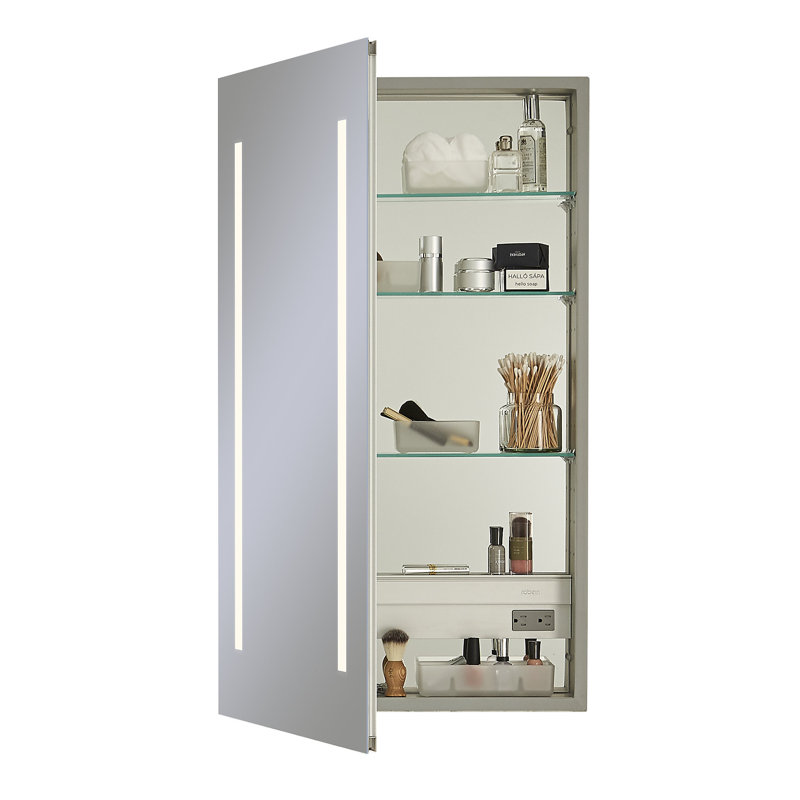 Armoire à pharmacie encastrée 1 porte sans cadre avec 4 tablettes réglables et un éclairage à DEL et prise électrique, Oui